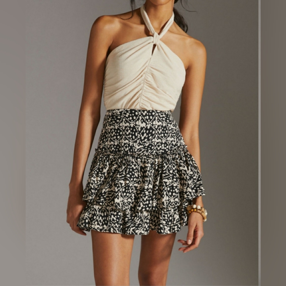 Maeve Anthropologie Linen Blend Tiered Ruffle Mini Skirt Size 14 Flowy Bohemian